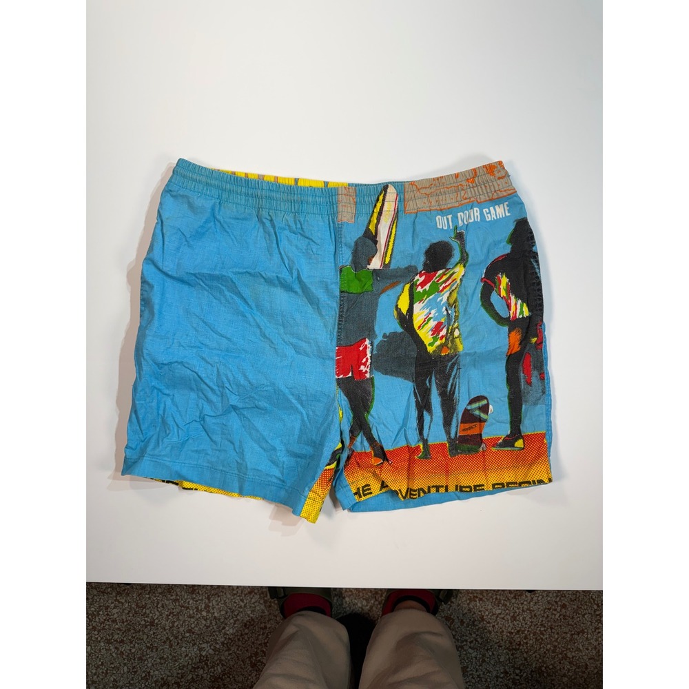 Vintage GEE Swim Shorts Mens Medium Blue Graphic Out Door Game Surf 90s Cotton